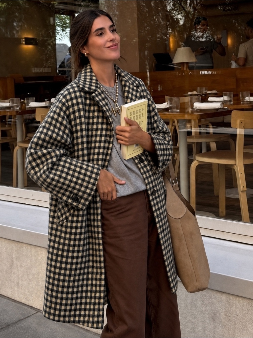 Checked Wool Coat in Black & Cream